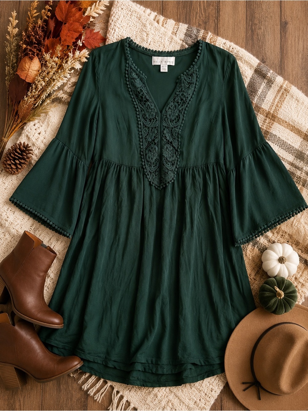 Kelly Renee Forest Green Lace Trim Bell Sleeve Boho Dress XS